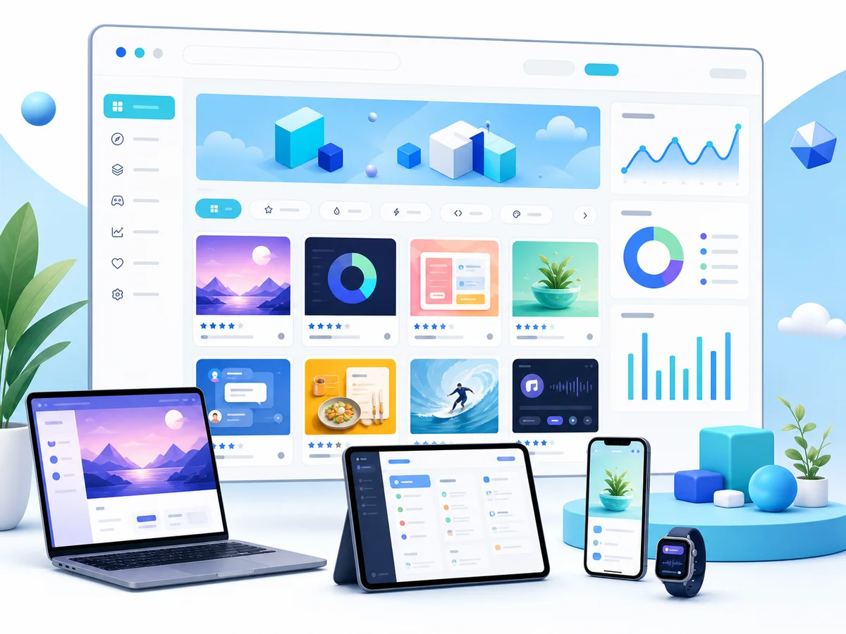 Public web app discovery interface with app tiles and visitor devices