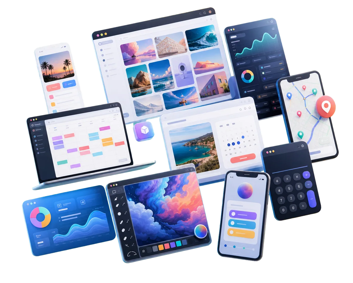 Floating public web app mockups for App9.org including planning, maps, dashboards, creative tools, calculators, and galleries