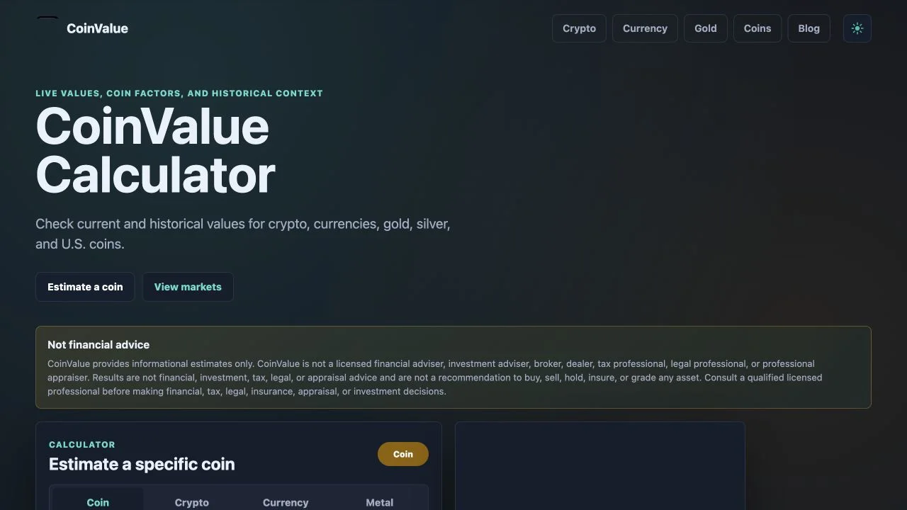 CoinValue Calculator live interface with calculator modes for coins, cryptocurrency, currency, and metals