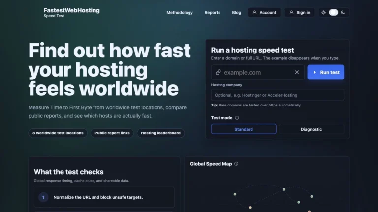 FastestWebHosting Speed Test interface for measuring TTFB from eight worldwide locations