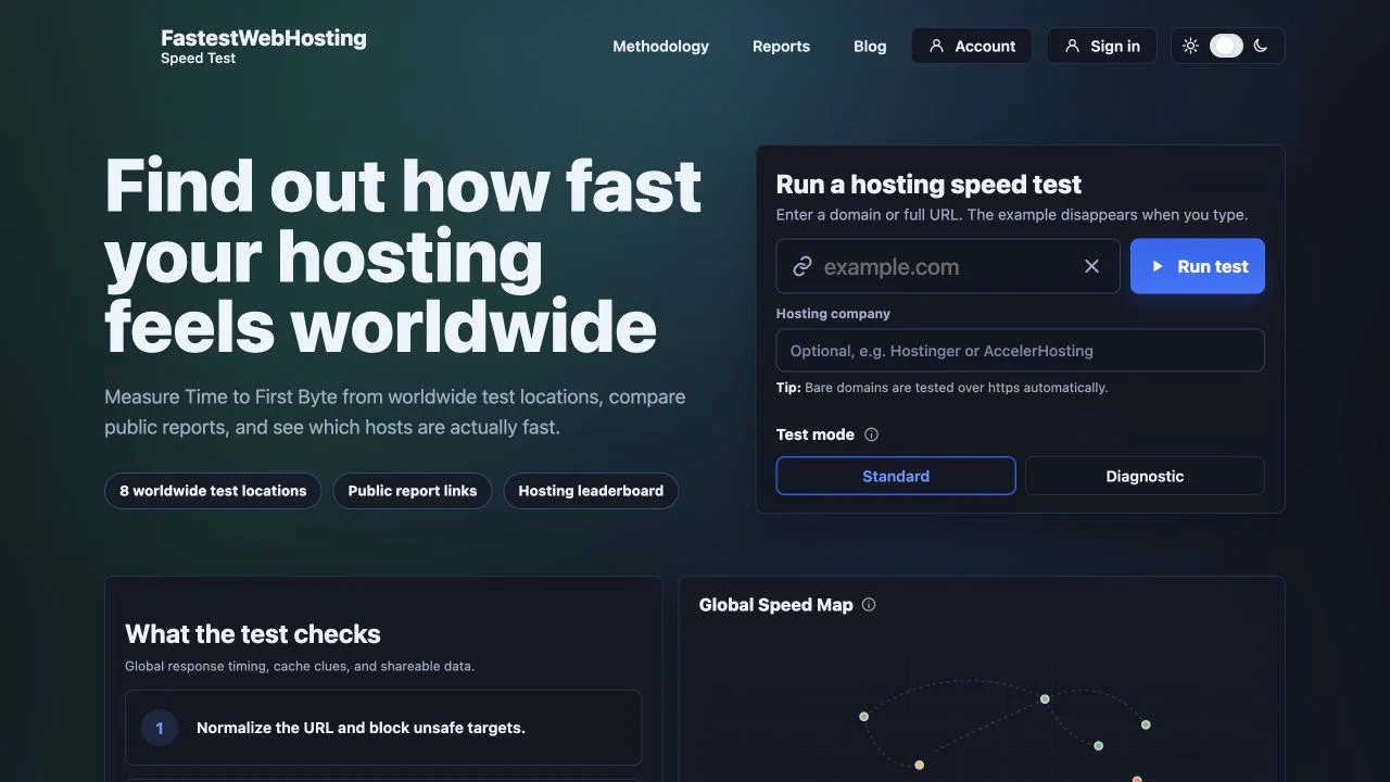 FastestWebHosting Speed Test interface for measuring TTFB from eight worldwide locations